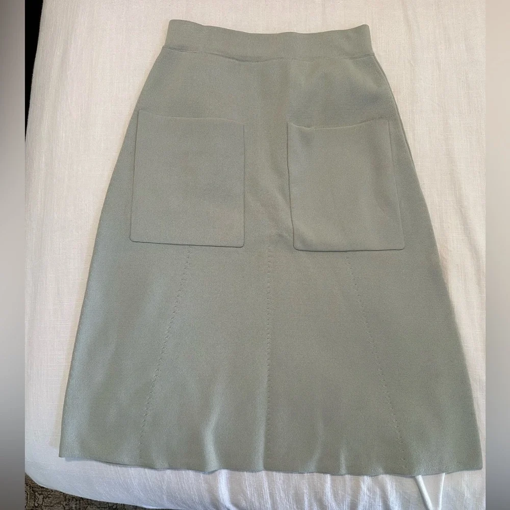 REISS Bridgette Sage Green Pencil Knit Skirt Pockets High Waisted Womens Size 2